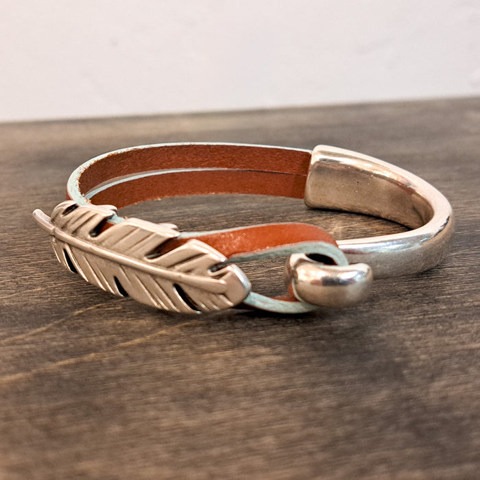 Tan and Turquoise Edge Feather Silver Bracelet