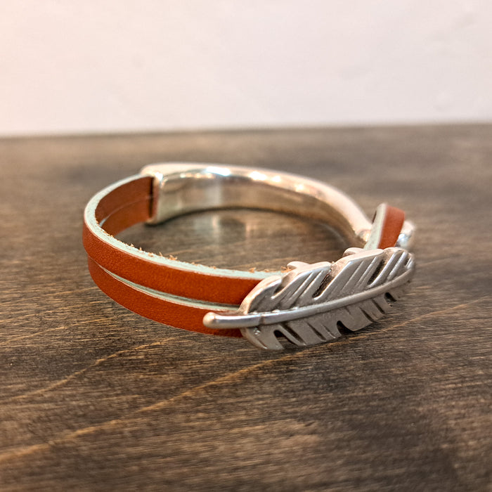 Tan and Turquoise Edge Feather Silver Bracelet