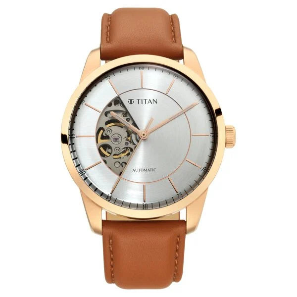 Titan Automatics Silver Dial Automatic Leather Strap Watch for Men 90126wl01