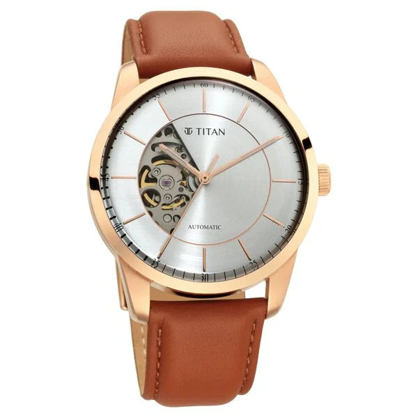Titan Automatics Silver Dial Automatic Leather Strap Watch for Men 90126wl01