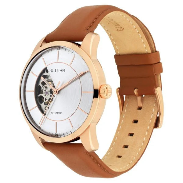 Titan Automatics Silver Dial Automatic Leather Strap Watch for Men 90126wl01
