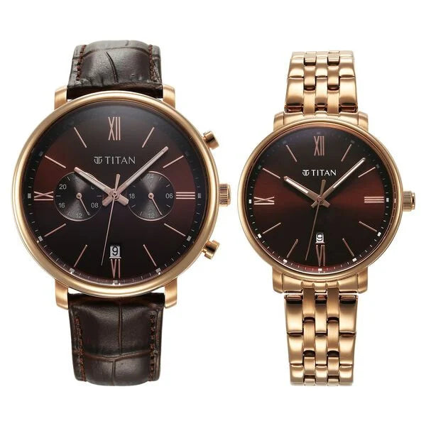 Titan Bandhan Quartz Analog with Date Brown Leather and Stainless Steel Strap for Couple 9400794207wz02