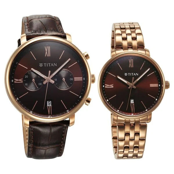 Titan Bandhan Quartz Analog with Date Brown Leather and Stainless Steel Strap for Couple 9400794207wz02
