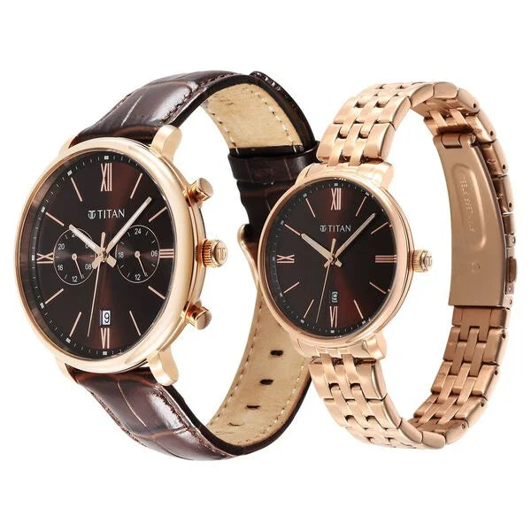 Titan Bandhan Quartz Analog with Date Brown Leather and Stainless Steel Strap for Couple 9400794207wz02