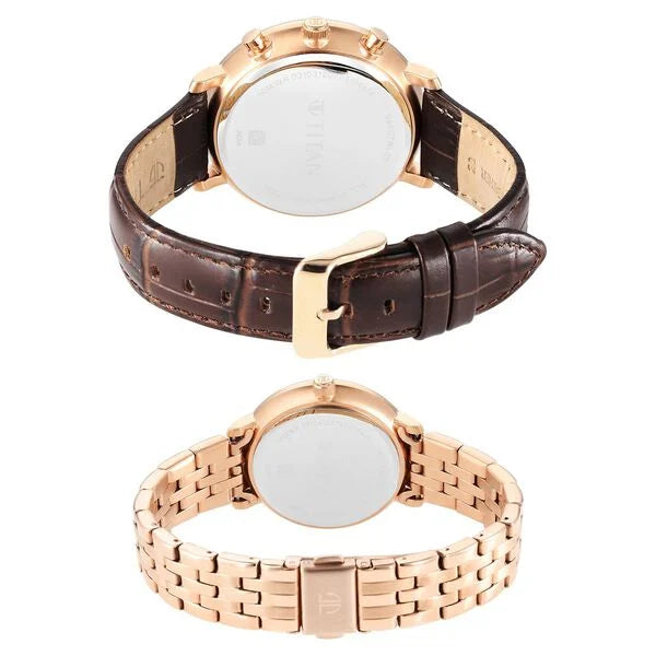 Titan Bandhan Quartz Analog with Date Brown Leather and Stainless Steel Strap for Couple 9400794207wz02