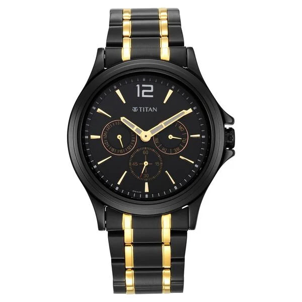 Titan Black and Gold Black Dial Quartz Multifunction Stainless Steel Strap watch for Men 1698km02