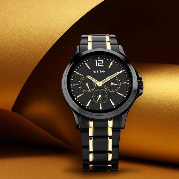 Titan Black and Gold Black Dial Quartz Multifunction Stainless Steel Strap watch for Men 1698km02