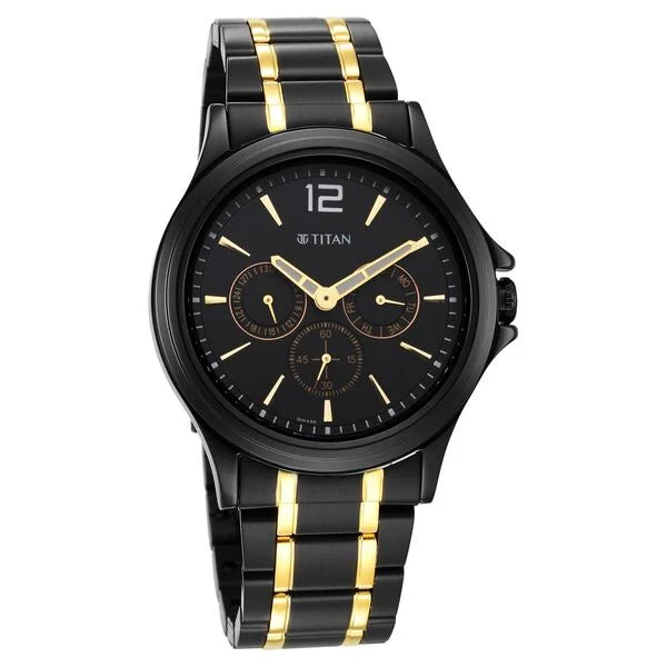 Titan Black and Gold Black Dial Quartz Multifunction Stainless Steel Strap watch for Men 1698km02