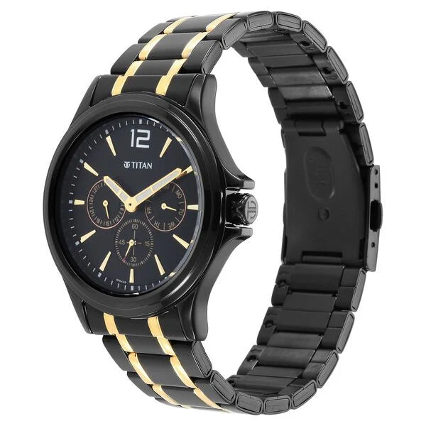 Titan Black and Gold Black Dial Quartz Multifunction Stainless Steel Strap watch for Men 1698km02