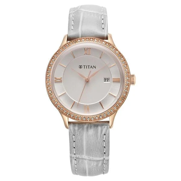 Titan Bright Leathers Quartz Analog with Date Silver Dial Leather Strap for Women 95247wl03