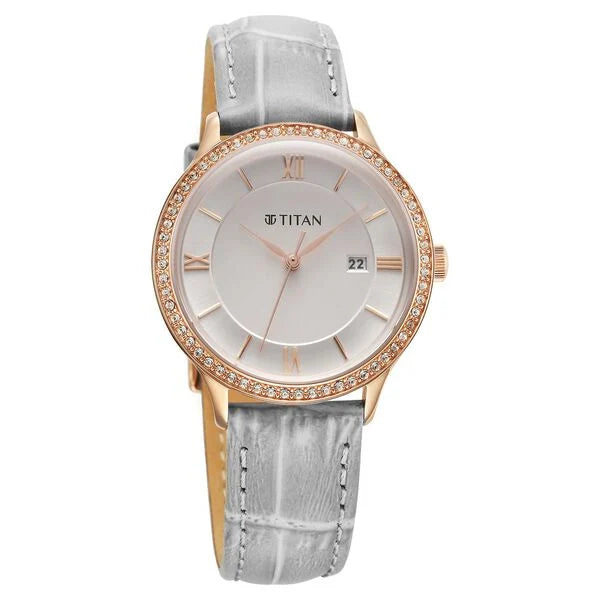 Titan Bright Leathers Quartz Analog with Date Silver Dial Leather Strap for Women 95247wl03