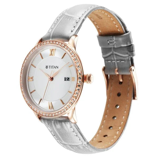 Titan Bright Leathers Quartz Analog with Date Silver Dial Leather Strap for Women 95247wl03