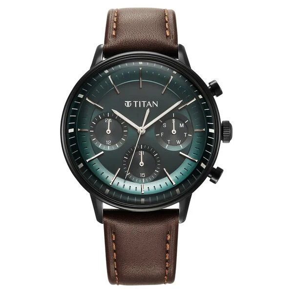 Titan Light Leathers Quartz Multifunction Black Dial Leather Strap Watch for Men 90171nl01