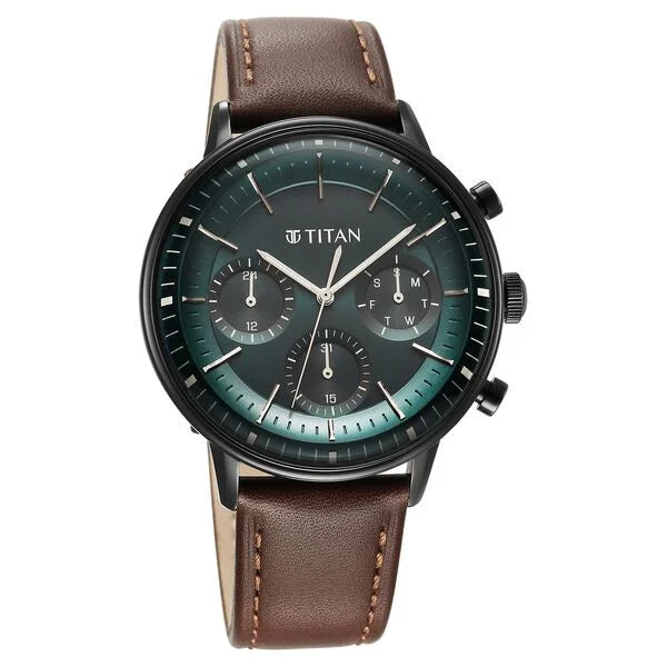 Titan Light Leathers Quartz Multifunction Black Dial Leather Strap Watch for Men 90171nl01