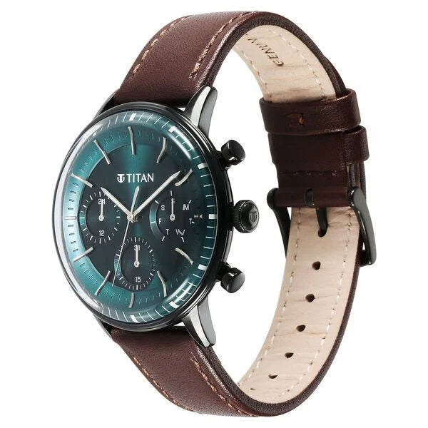Titan Light Leathers Quartz Multifunction Black Dial Leather Strap Watch for Men 90171nl01