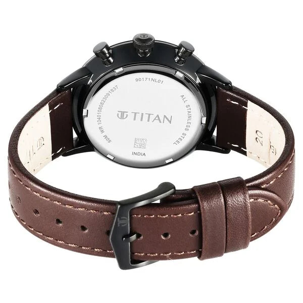 Titan Light Leathers Quartz Multifunction Black Dial Leather Strap Watch for Men 90171nl01
