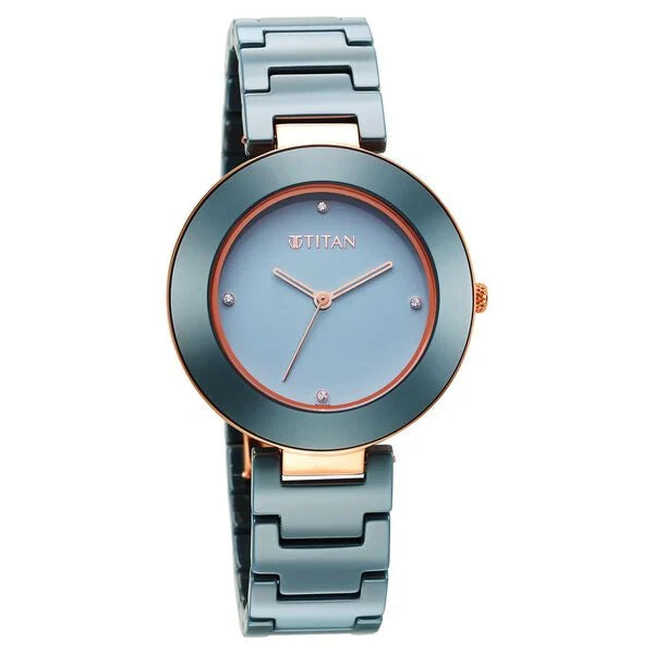 Titan Purple Ceramics Blue Dial Analog Ceramic Strap Watch for Women 95189kc05