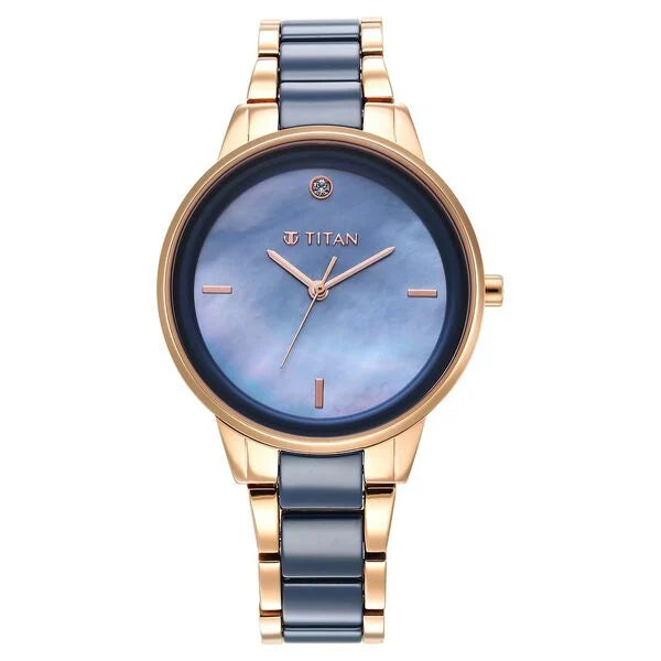 Titan Purple Ceramics Blue Dial Analog Steel and Ceramic Strap watch for Women 95213kd03