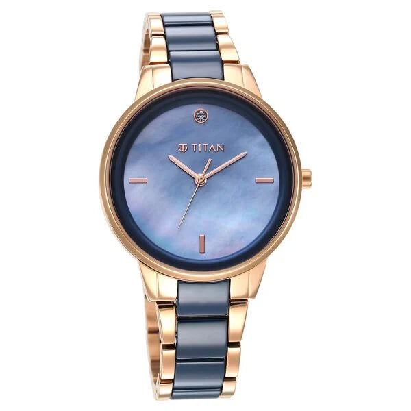 Titan Purple Ceramics Blue Dial Analog Steel and Ceramic Strap watch for Women 95213kd03