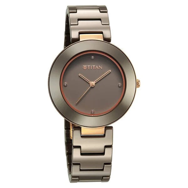 Titan Purple Ceramics Quartz Analog Brown Dial Ceramic Strap Watch for Women 95189kc09