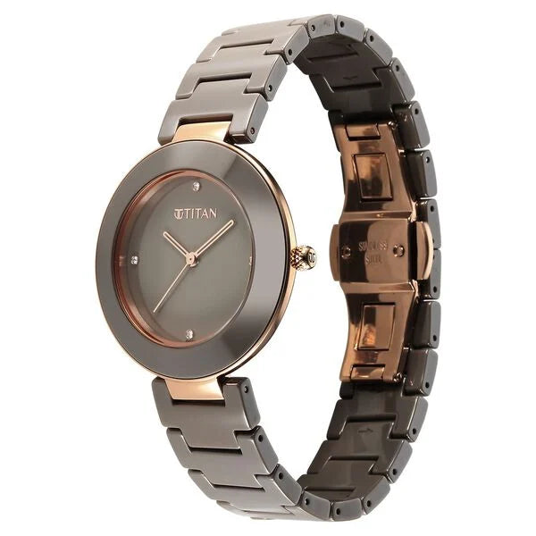 Titan Purple Ceramics Quartz Analog Brown Dial Ceramic Strap Watch for Women 95189kc09