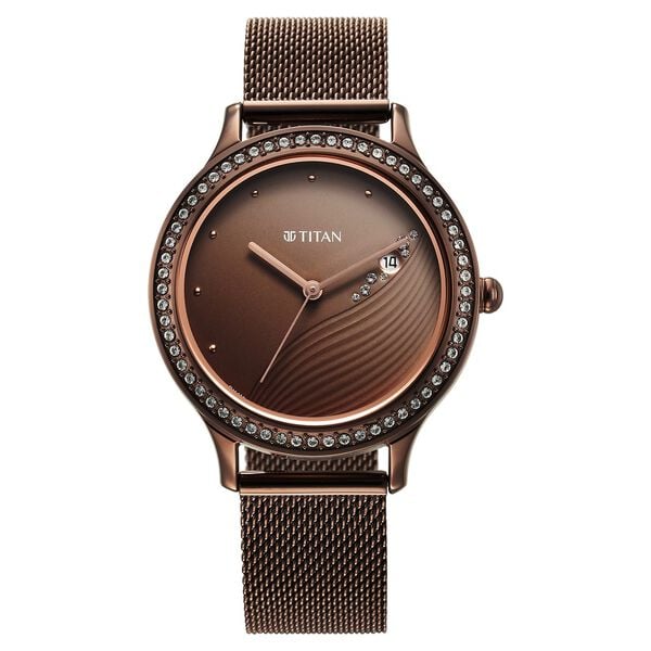 Titan Purple Glam It Up Brown Dial Analog with Date Stainless Steel Strap Watch for Women 2634qm01