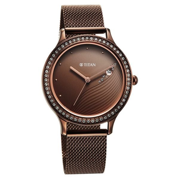 Titan Purple Glam It Up Brown Dial Analog with Date Stainless Steel Strap Watch for Women 2634qm01