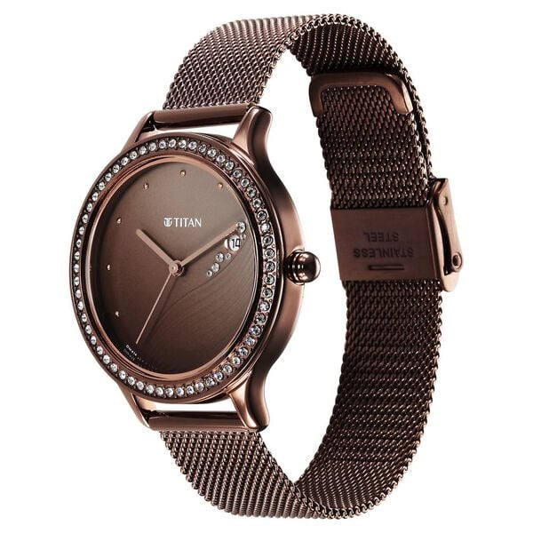 Titan Purple Glam It Up Brown Dial Analog with Date Stainless Steel Strap Watch for Women 2634qm01