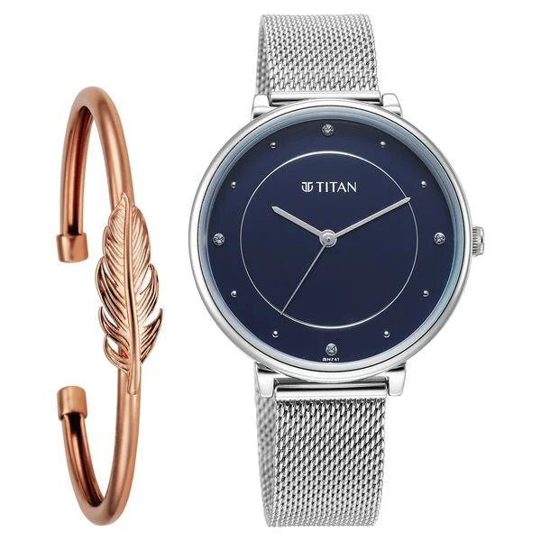 Titan Purple Stackables Quartz Analog Blue Dial Stainless Steel Strap Watch for Women 2673sm04