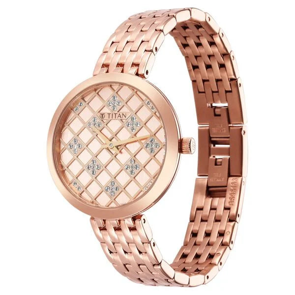 Titan Purple Unending Beauty Rose Gold Dial Women Watch With Stainless Steel Strap 95163wm01