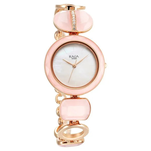 Titan Raga New You Quartz Analog Mother Of Pearl Dial Rose Quartz stone Strap Watch for Women 95195wm01