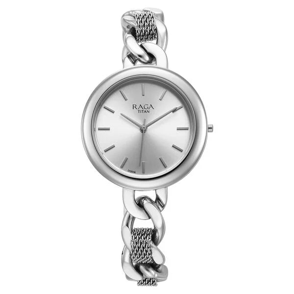Titan Raga Showstopper Quartz Analog Silver Dial Metal Strap Watch for Women 95265sm01
