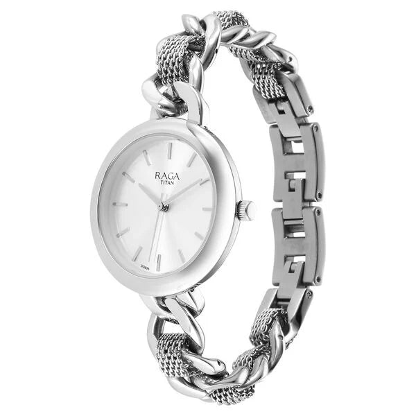 Titan Raga Showstopper Quartz Analog Silver Dial Metal Strap Watch for Women 95265sm01