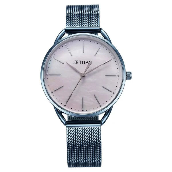 Titan Slimline Quartz Analog Mother Of Pearl Dial Blue Stainless Steel Strap Watch for Women 95180qm01