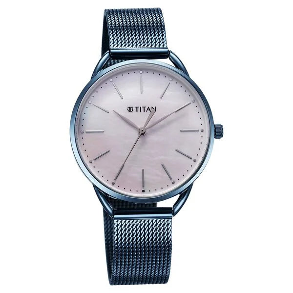 Titan Slimline Quartz Analog Mother Of Pearl Dial Blue Stainless Steel Strap Watch for Women 95180qm01