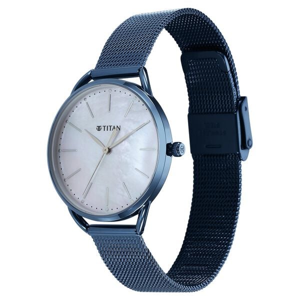 Titan Slimline Quartz Analog Mother Of Pearl Dial Blue Stainless Steel Strap Watch for Women 95180qm01