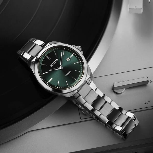 Titan Titanium Quartz Analog Green Dial Titanium Strap Watch for Men 90177tm02