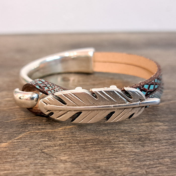 Turqoise and Brown Print Feather Silver Bracelet