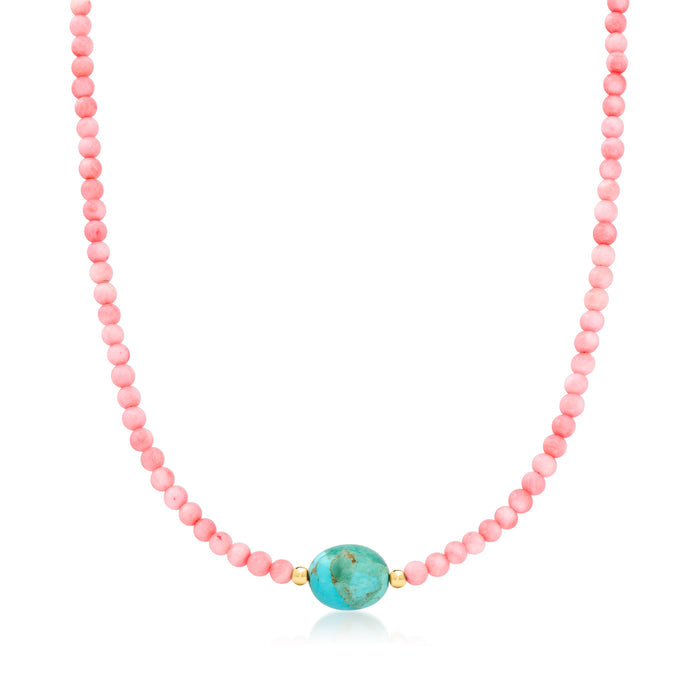 Pink coral bead necklace with turquoise oval center, 18kt gold over sterling accents