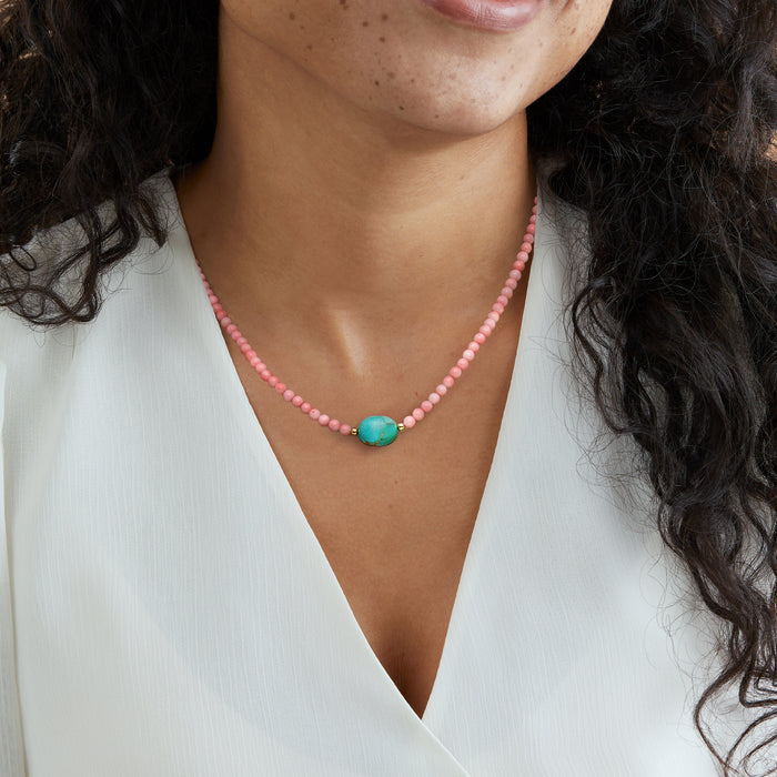 Pink coral bead necklace with turquoise oval pendant and 18kt gold over sterling trim