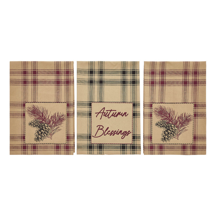 VHC Brands Connell Pinecone Plaid Cotton Kitchen & Dish Towel Set, 3 Absorbent Rustic Farmhouse Lodge Decor Tea Towels, 19x28 Inch